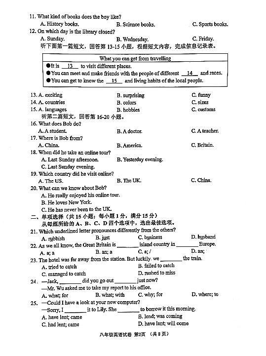 江苏省连云港市开发区2021-2022学年第二学期八年级英语期中考试试题（有答案）第2页