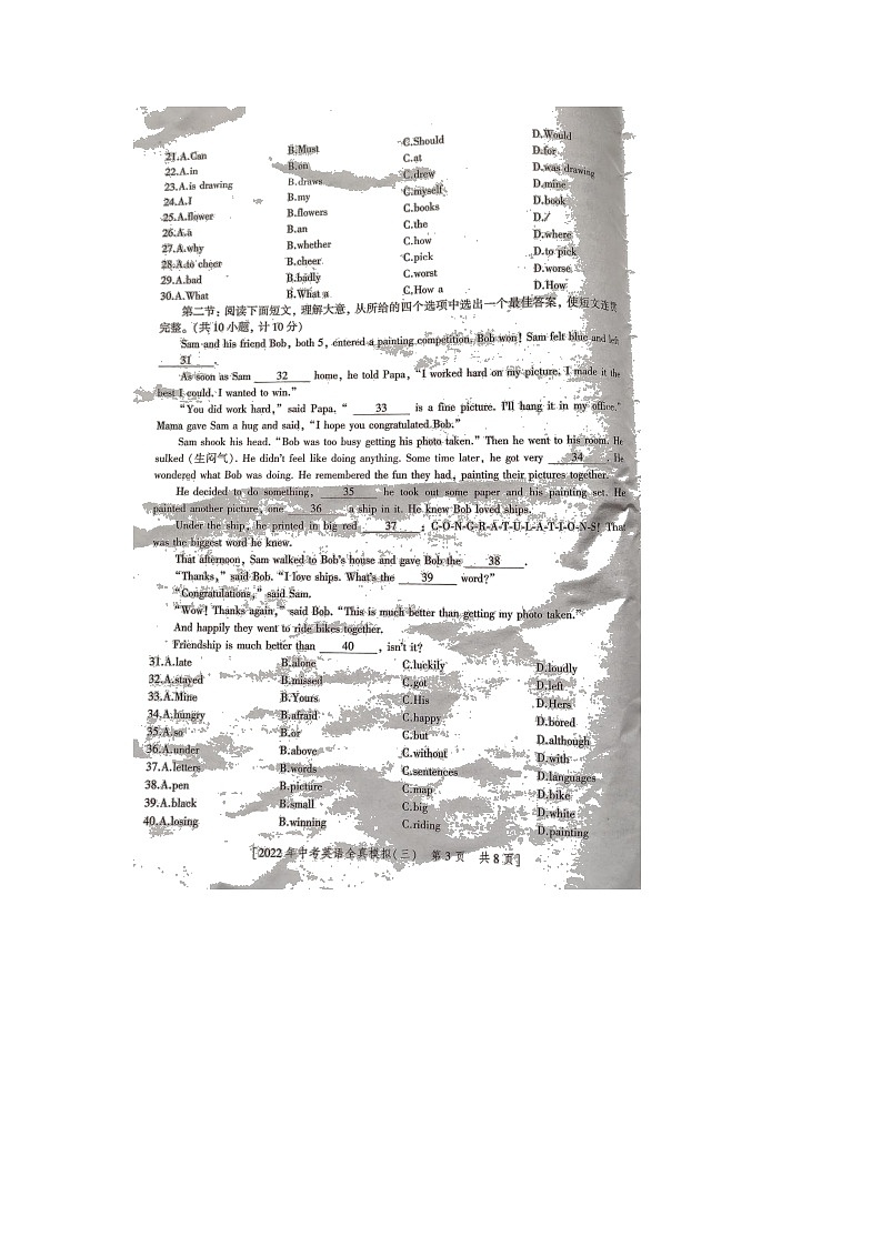2022年陕西省初中学业水平考试英语全真模拟(三)（无听力）练习题第3页