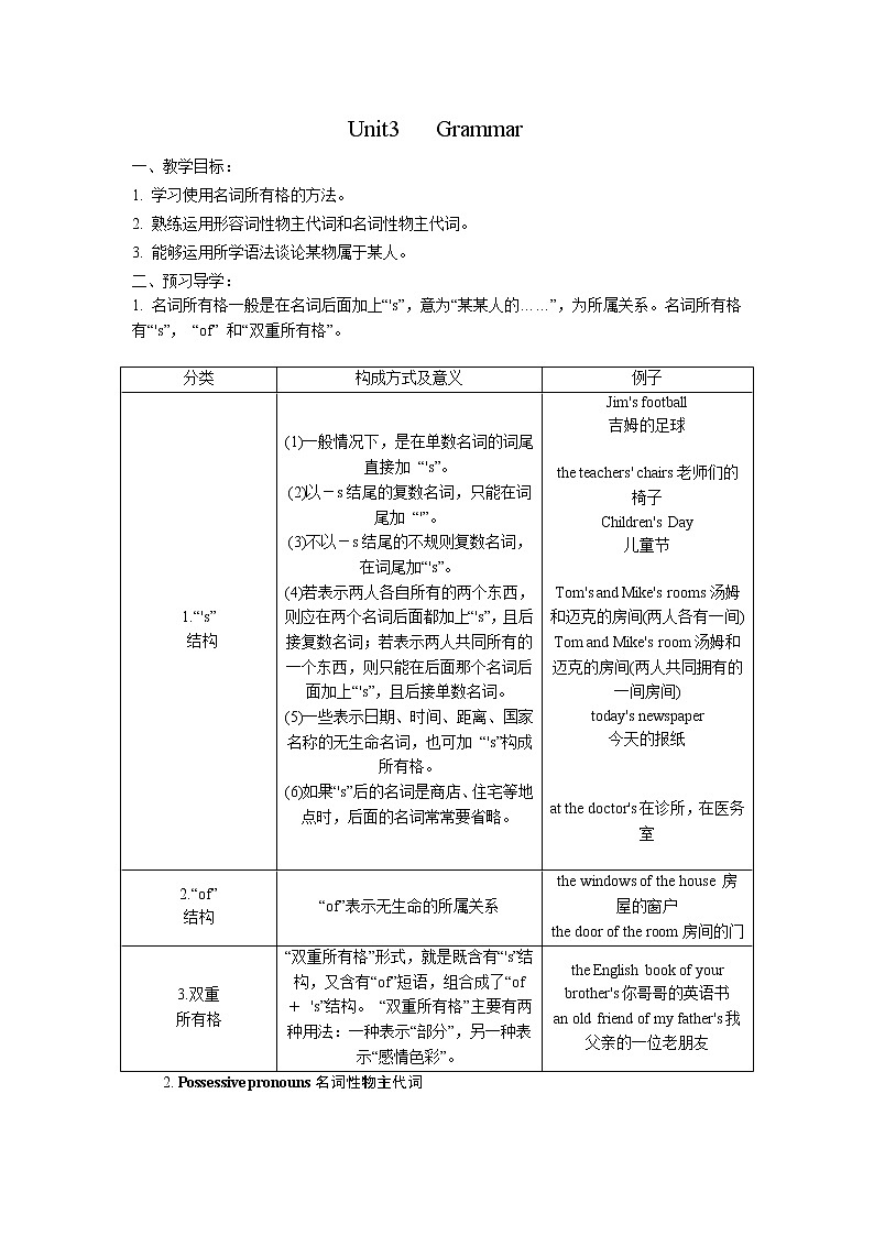 牛津译林版英语 七年级下册 Unit 3 Welcome to Sunshine Town  Grammar Noun+ 's&Possessive adjectives and pronouns  教案第1页