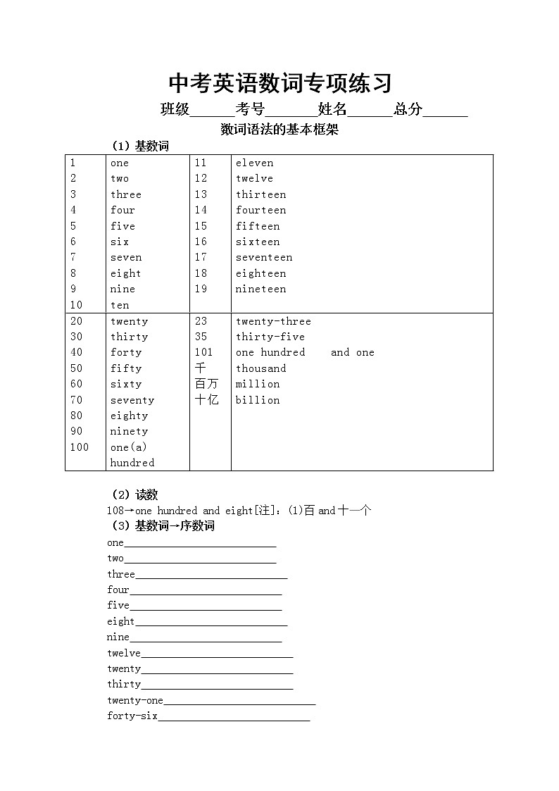 2022年初中英语中考数词专项练习第1页