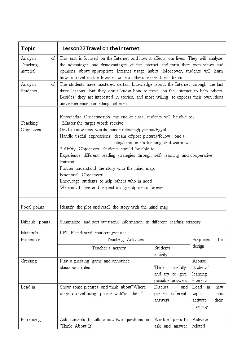 冀教版八年级下册英语 22 Travel on the Internet 教案第1页