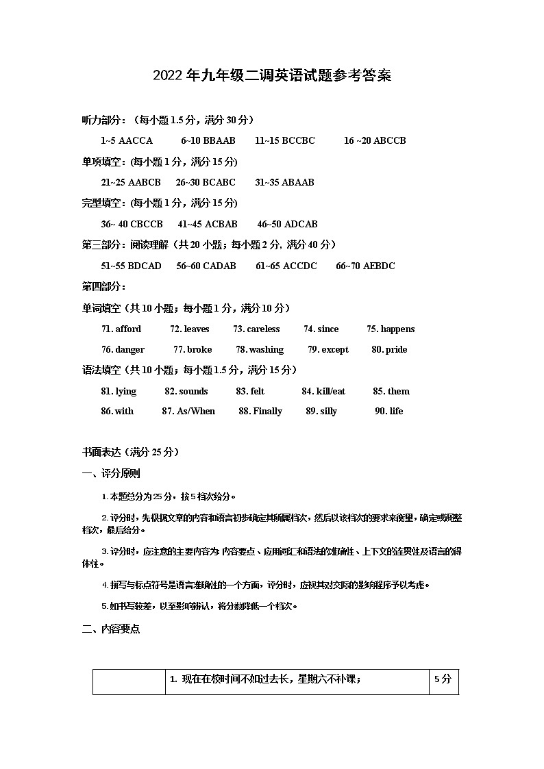 2022年九年级二调英语试题参考答案第1页