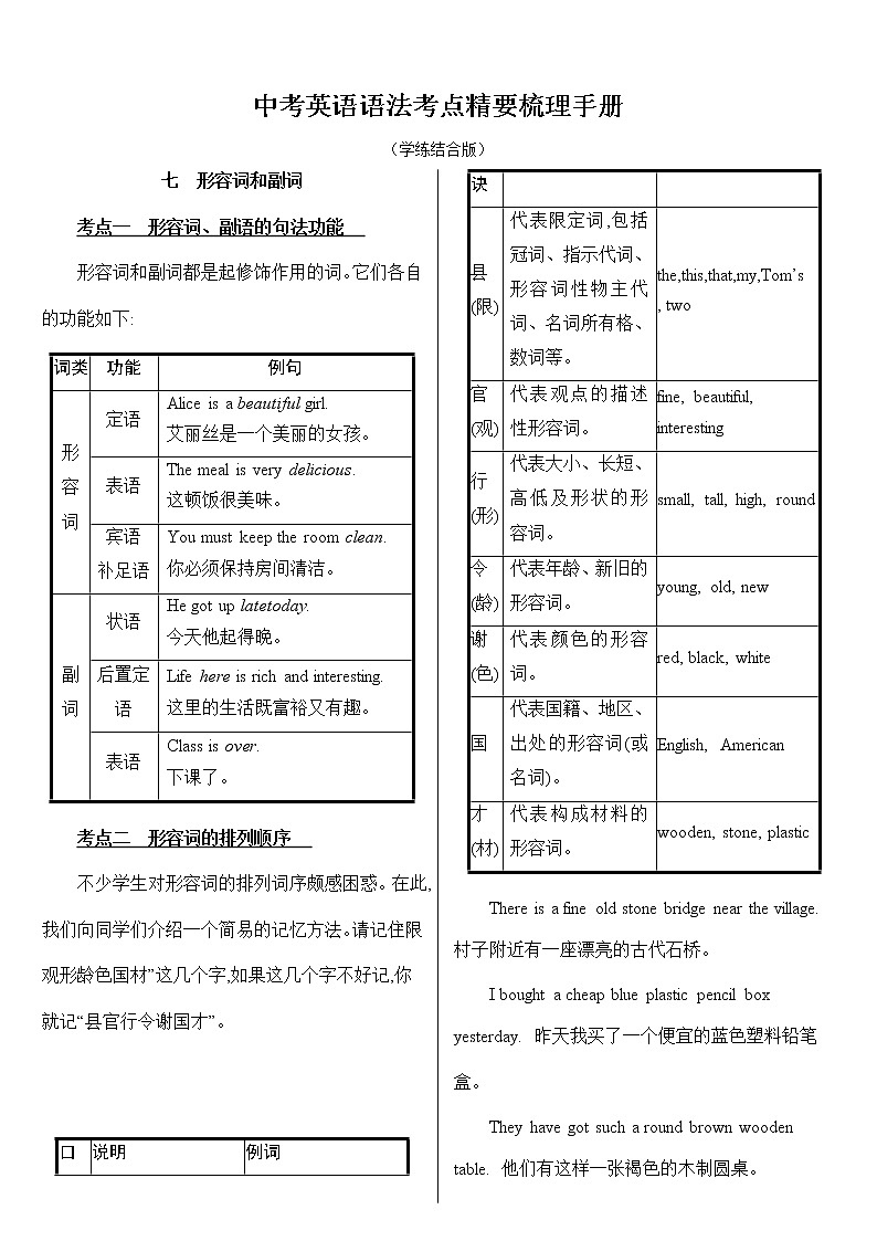 中考英语语法考点梳理手册04--形容词和副词（（学练结合版）学案第1页