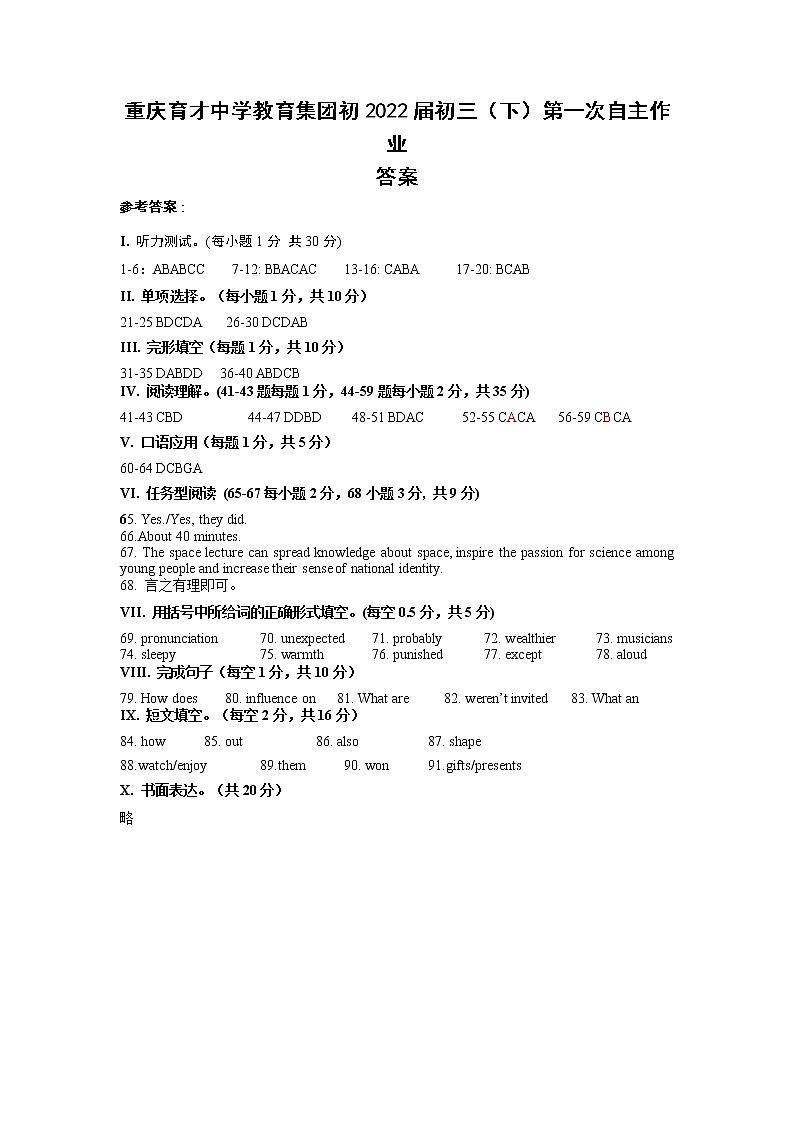 重庆育才中学九年级下期第一次自主作业英语答案第1页