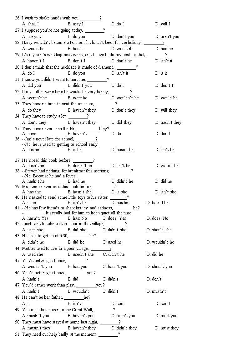 2022年中考英语反义疑问句专项练习70题第2页
