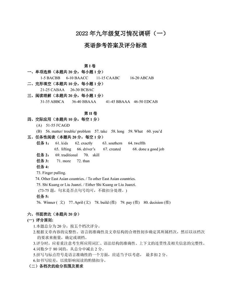 2022一模英语 答案第1页