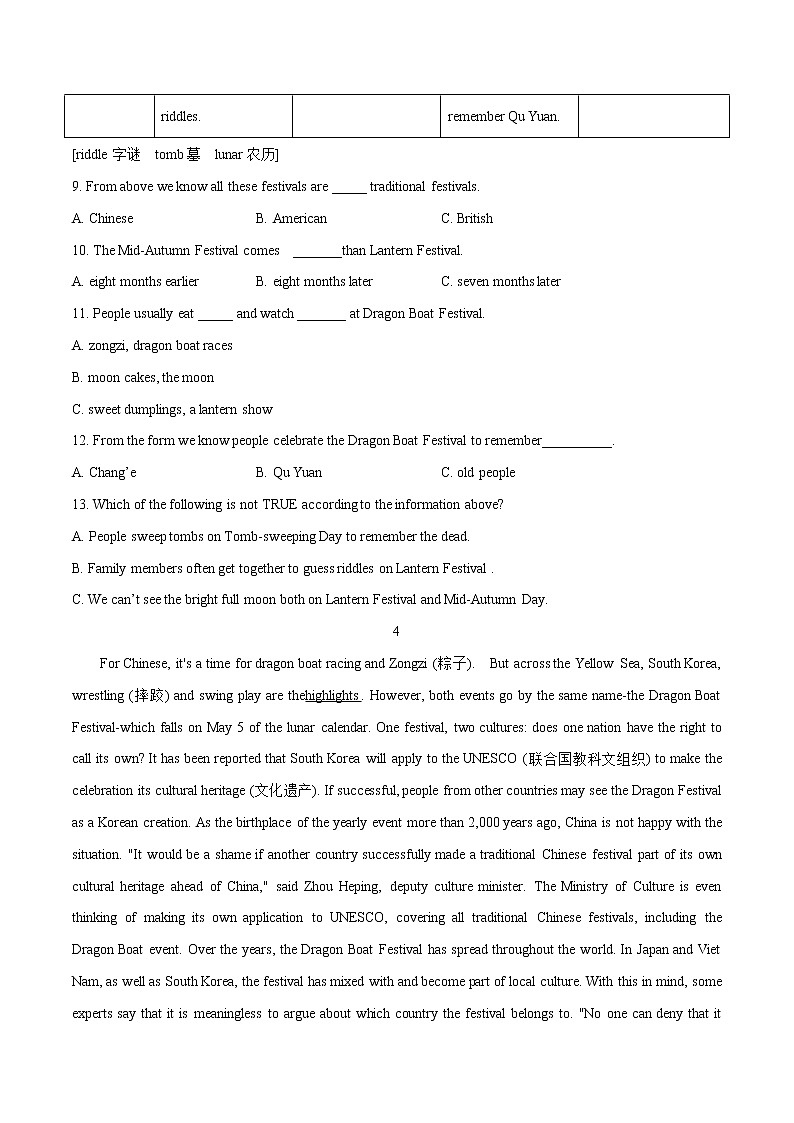 热点04 端午节习俗及庆祝活动(原卷版)-备战2022年中考英语考前时事热点话题阅读+题型专练(全国通用)第3页