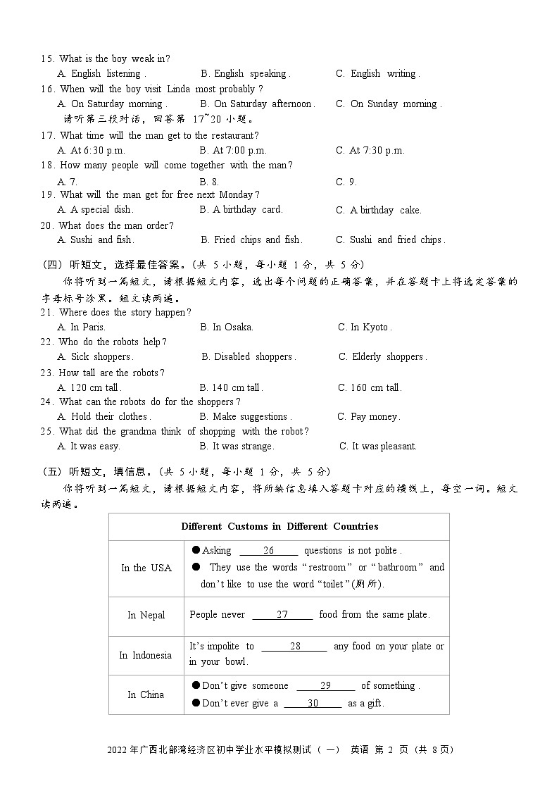 2022年广西北部湾经济区初中学业水平英语科模拟测试题(word版含答案)02