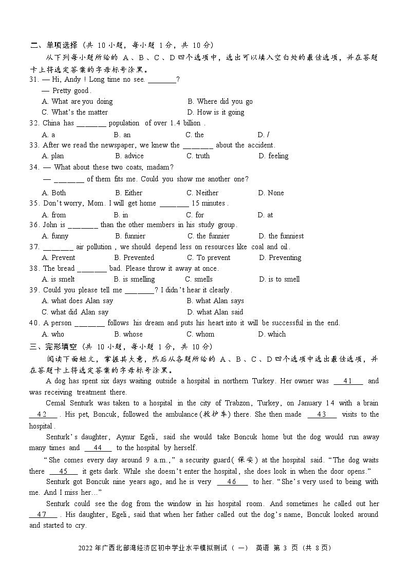 2022年广西北部湾经济区初中学业水平英语科模拟测试题(word版含答案)03