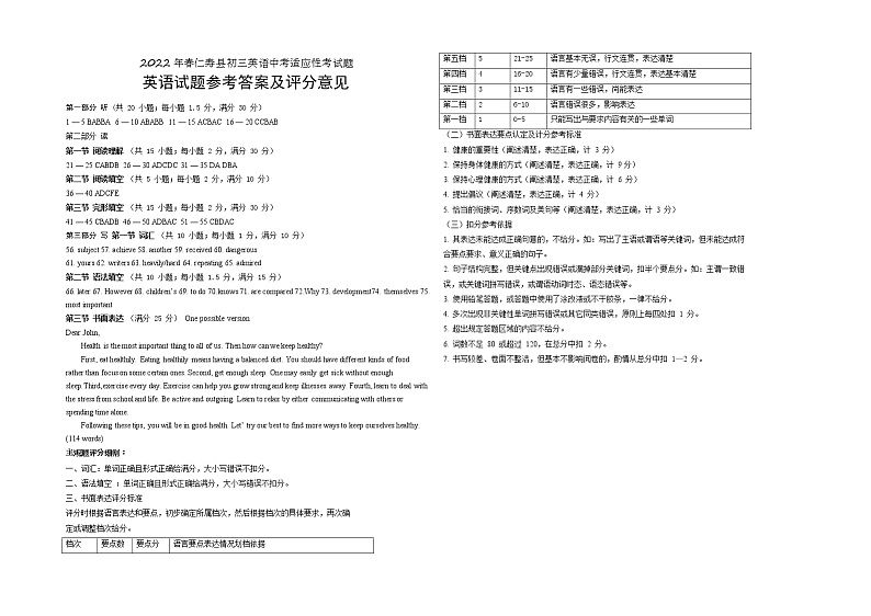 四川省眉山市仁寿县2022年九年级英语一模中考适应性考试题（有答案）01