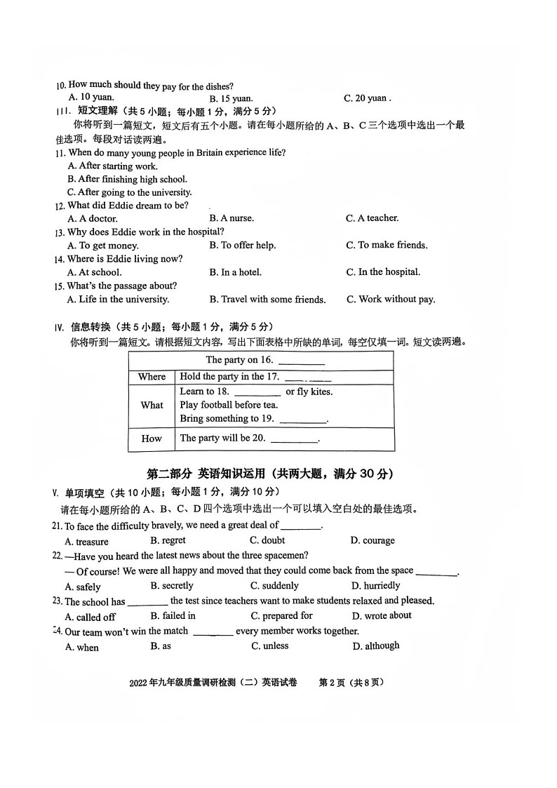 2022年蜀山区中考二模英语（试卷）第2页