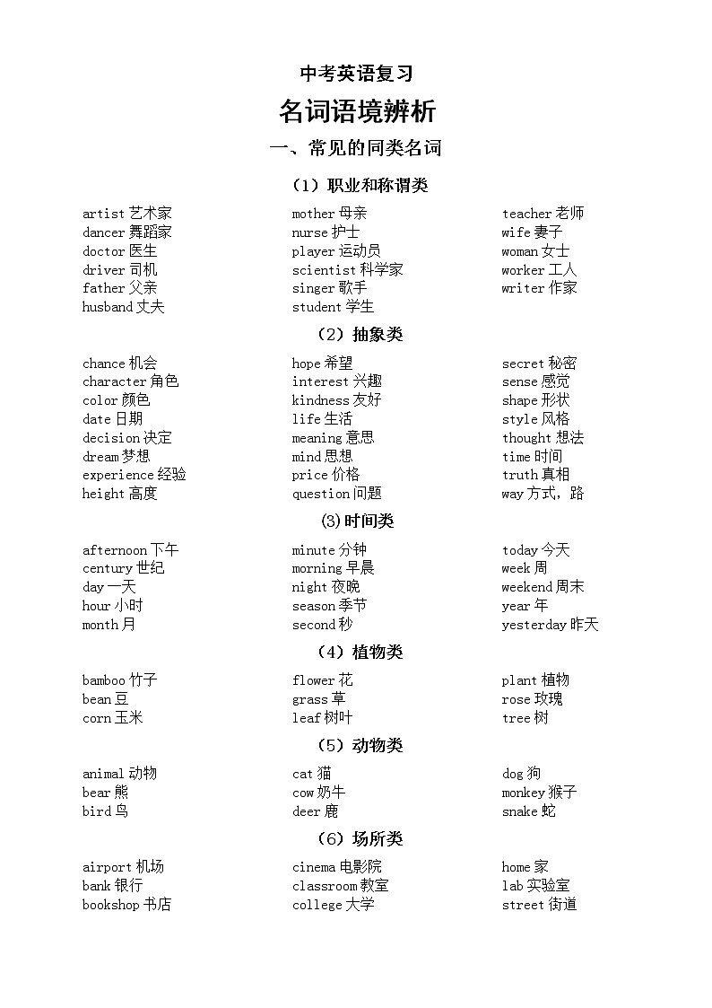 初中英语中考复习名词语境辨析知识点（含练习题）第1页