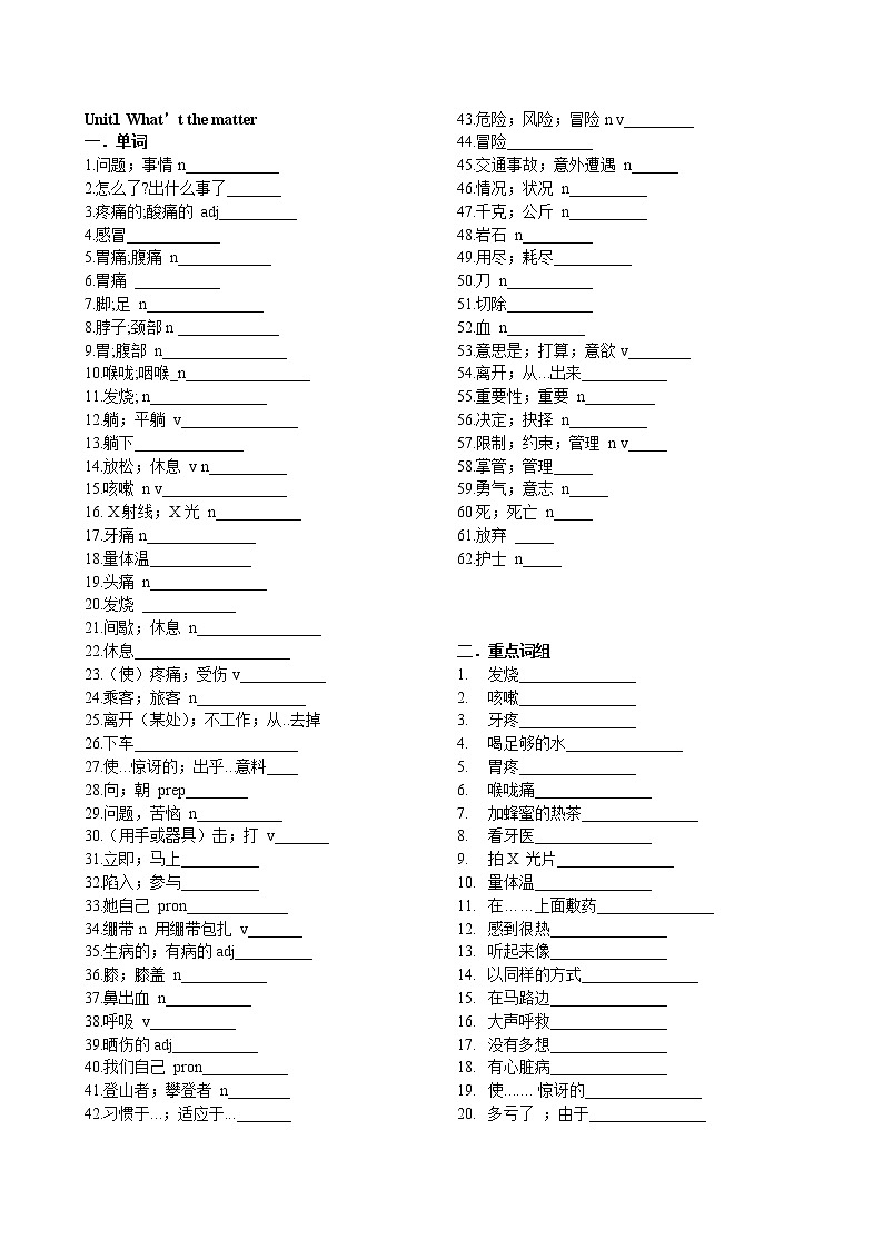 2021年人教版英语八年级下册1—10单元词汇、短语、重点句型自我检测（无答案）第1页
