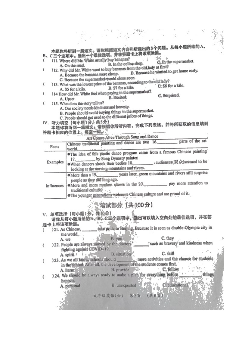 2022年山西省大同市九年级中考导向信息模拟（六）（二模）联考英语试题（有答案）（无听力）02