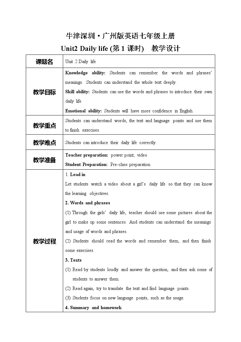 unit 2 Daily life （第1课时） 教案第1页
