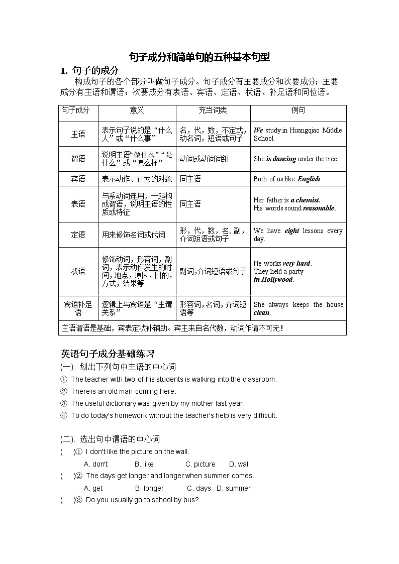 2022年英语中考语法专题_句子成分（含答案）第1页