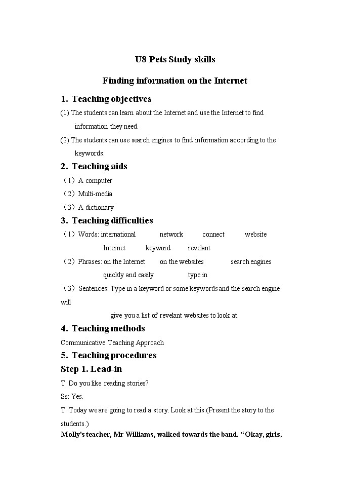 牛津译林版英语 七年级下册 Unit 8 Pets  Study skills Finding information on the Internet  教案01