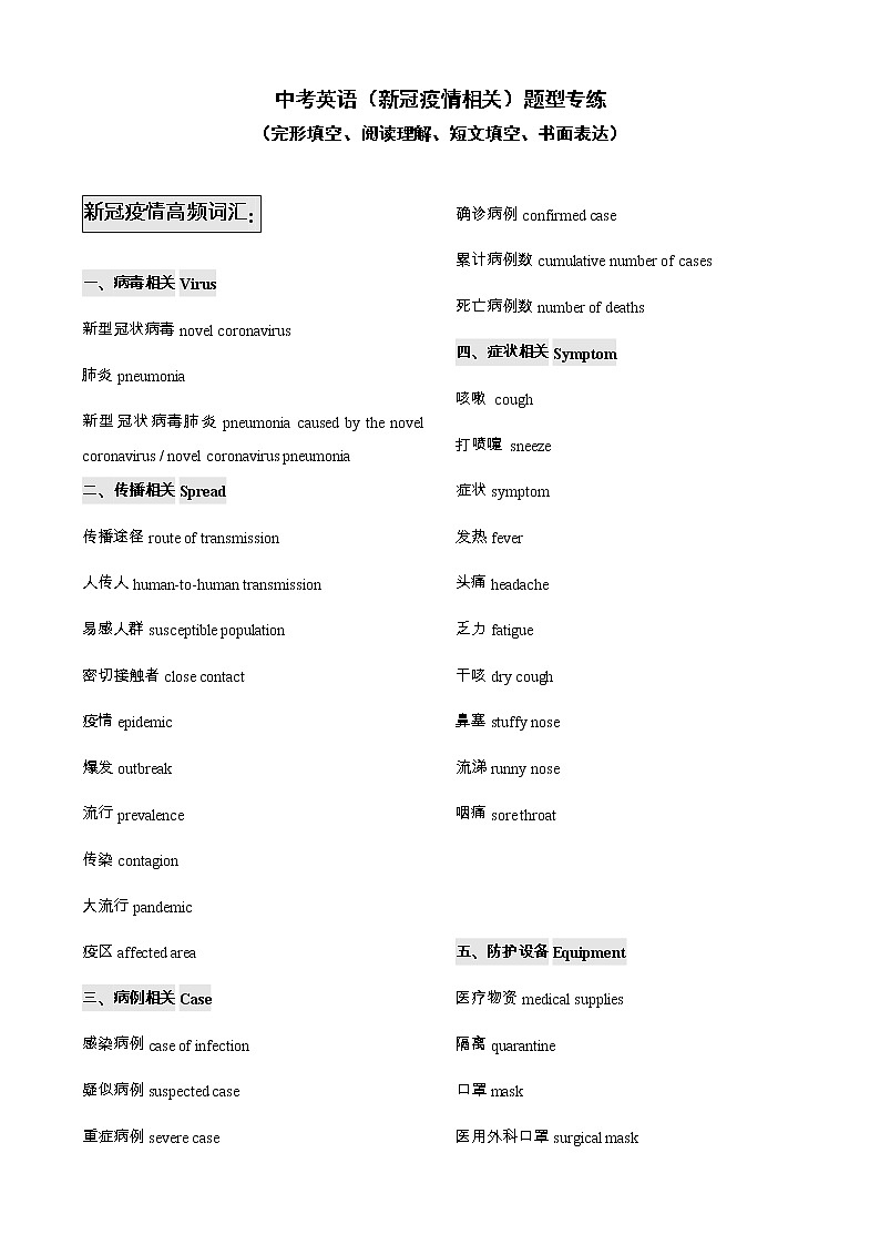 中考英语 新冠疫情相关 题型专练：完形填空、阅读理解、短文填空、书面表达 (有答案)第1页