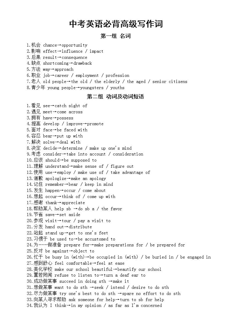 初中英语2022中必背高级写作词整理汇总（共四组）01