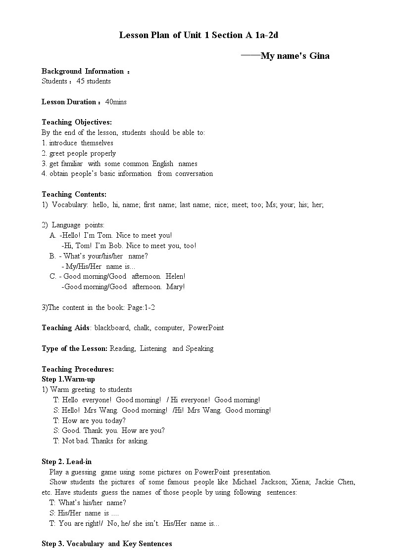 Unit 1 My name 's Gina Section A 1a-2d 全英教案第1页