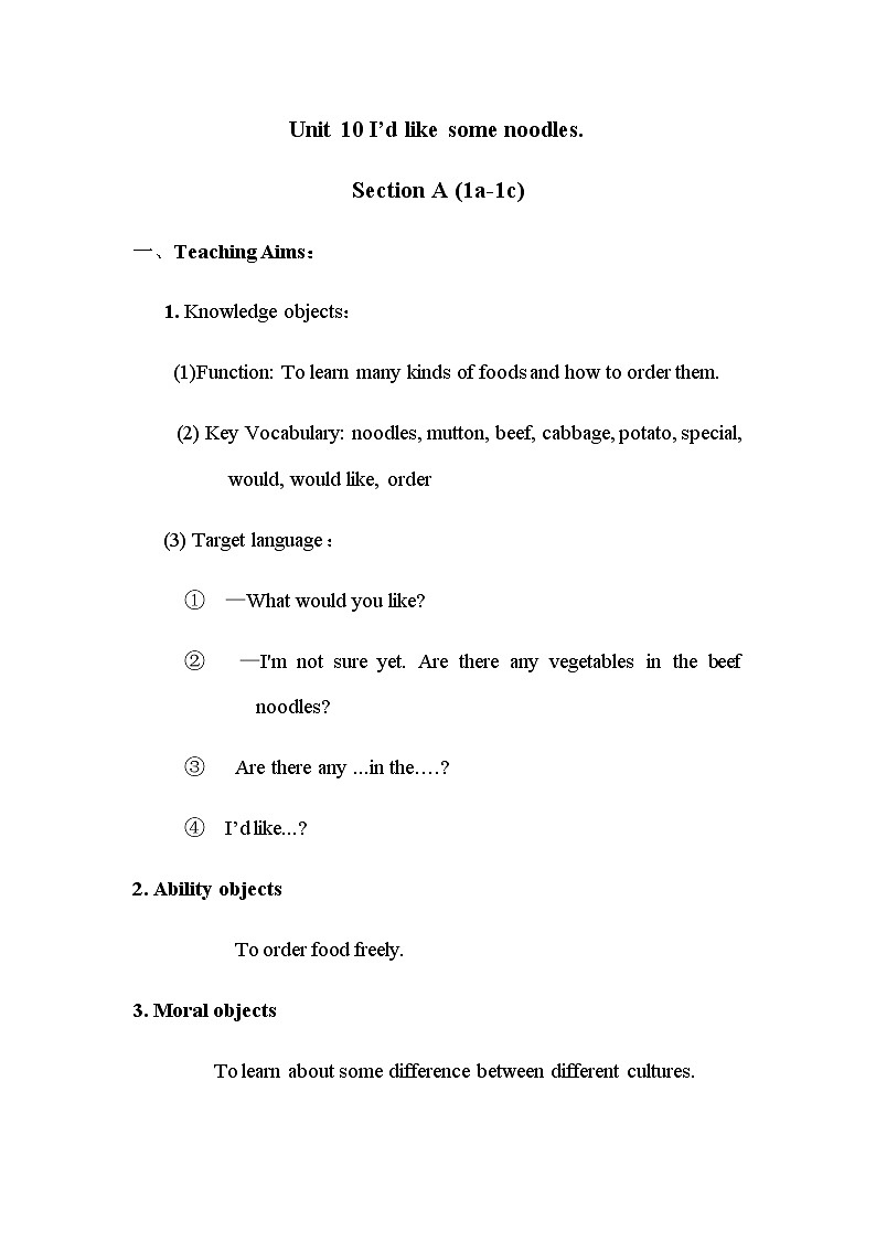 Unit 10 I'd like some noodles..SectionA (1a-1c)教案01