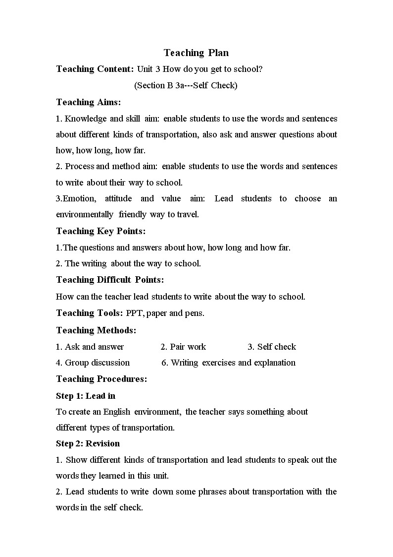 Unit 3 How do you get to school_Section B 3a—3b Self check  教案01