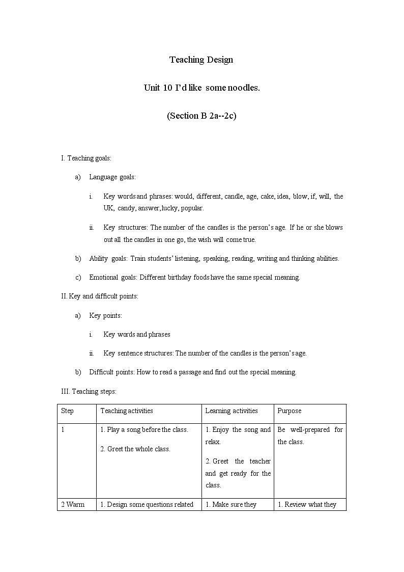 Unit 10 I'd like some noodles. Section B 2a-2c教案（表格式）01