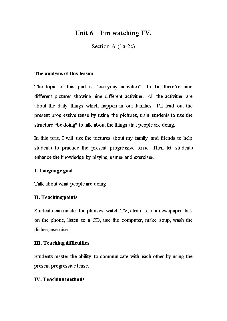 Unit 6 I'm watching TV. Section A 1a 2c教案01