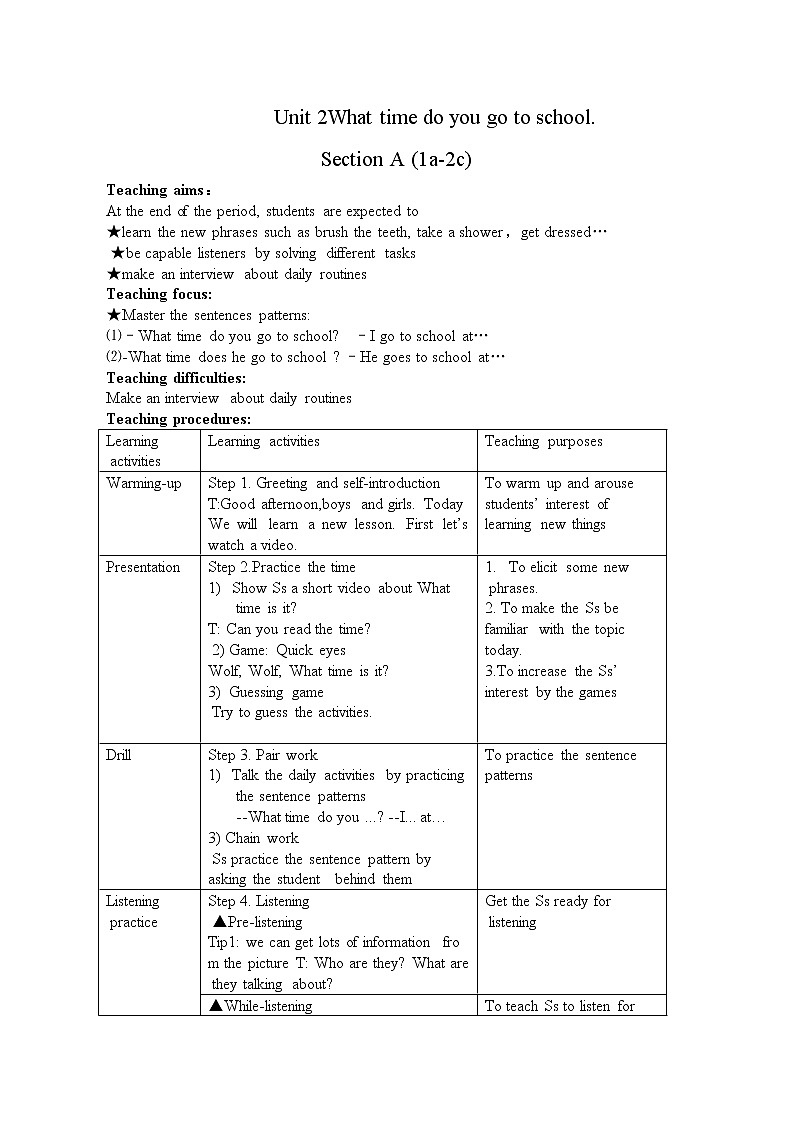 新目标英语七年级下Unit 2 What time do you go to school_ Section A 1a-2c 教案（1课时）01