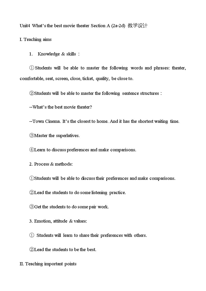 Unit4 What’s the best movie theater Section A (2a-2d) 教学设计第1页