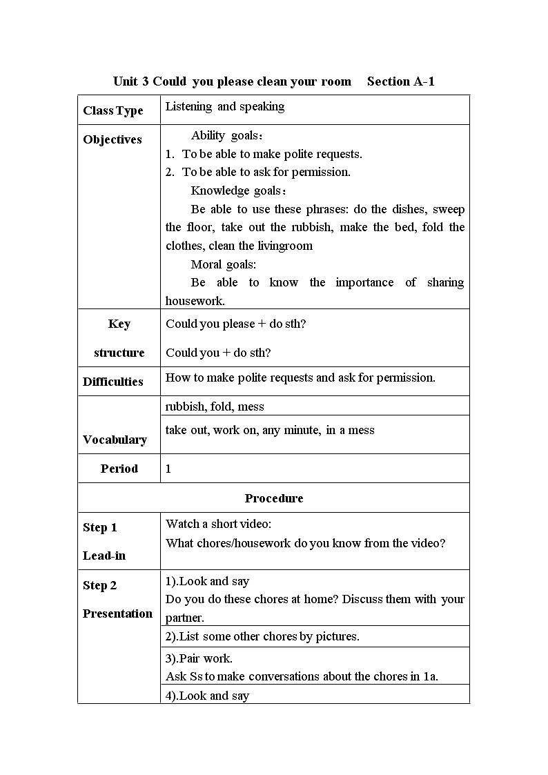 unit 3 Could you please clean your room section A-1 表格式教案01