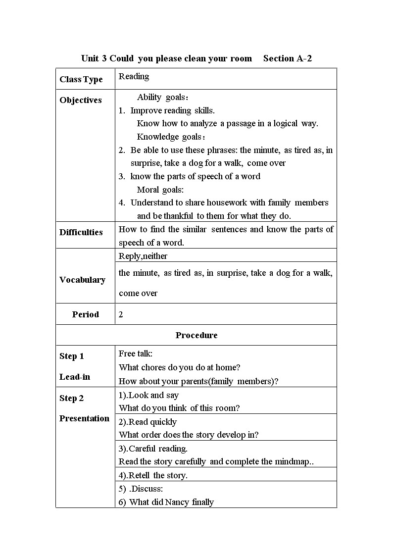 unit 3 Could you please clean your room section A-2 表格式教案01