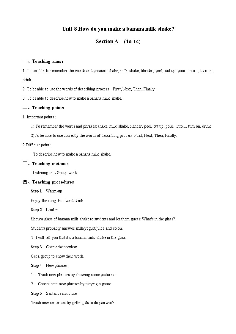 Unit 8 How do you make a banana milk shake_ Section A (1a-1c) 教学设计01