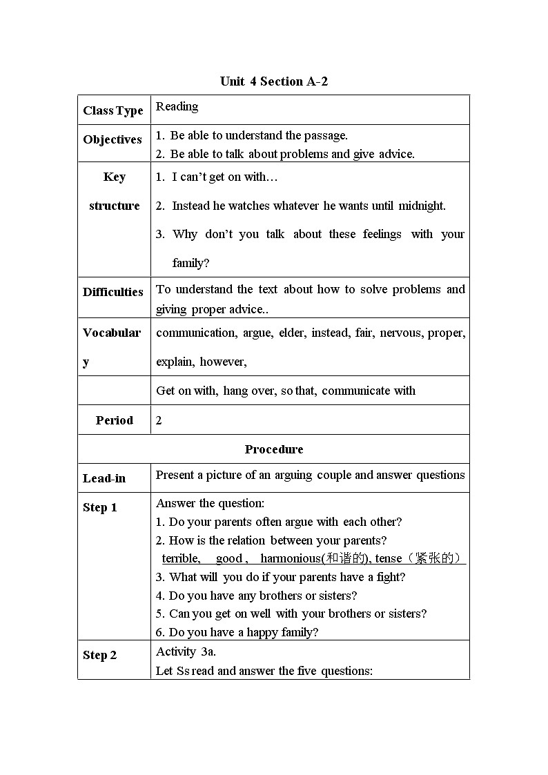 Unit 4 Why don't you talk to your parents？ Section A（ 3a-3c）（表格式教案）01