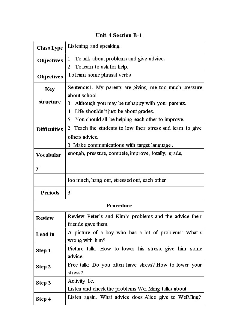 Unit 4 Why don't you talk to your parents Section B（ 1a-1e）（表格式教案）01