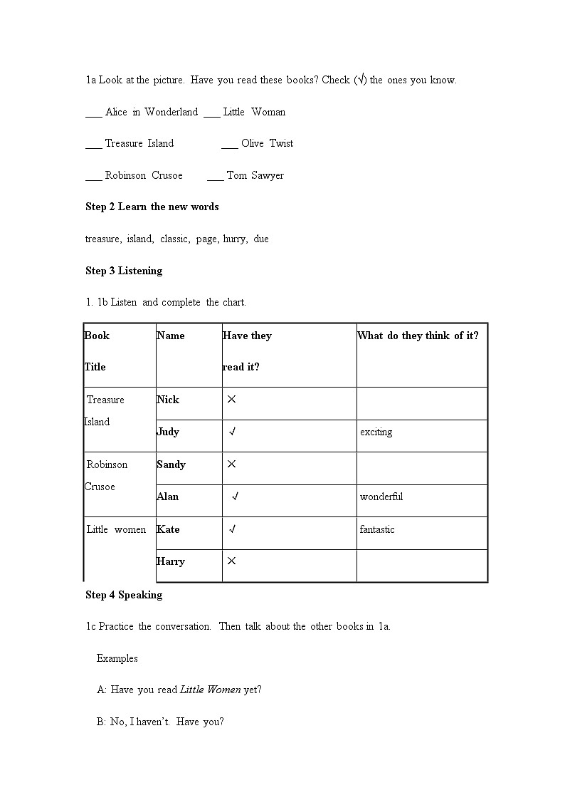 Unit 8 Have you read Treasure Island yet_ Section A 1a-2d教案2021-2022学年人教版英语八年级下册第2页