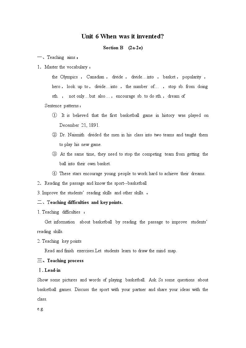 Unit 6 When was it invented  Section B  (2a-2e) 教案01