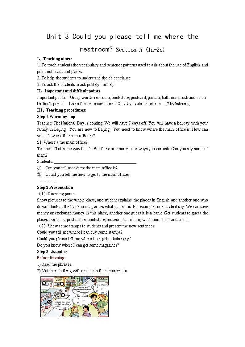 Unit 3 Could you please tell me where the restrooms are_ Section A (1a-2c)教案01