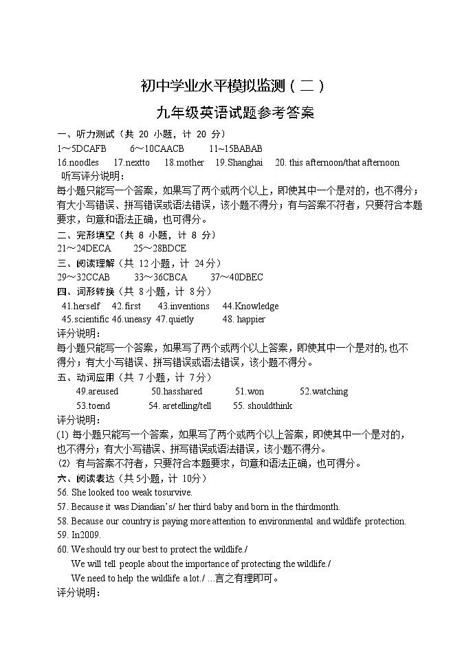 山东省临沂市郯城县2022年九年级英语二模试题答案第1页