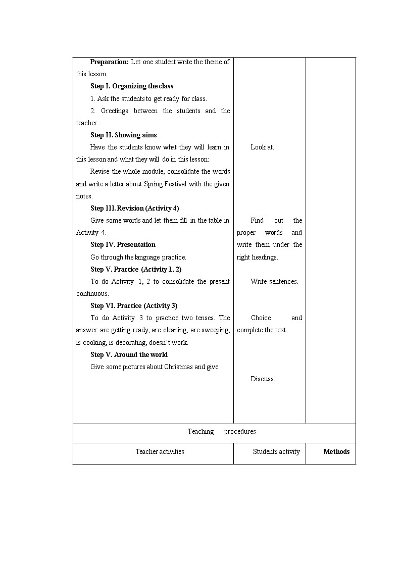 外研版七年级上册Module 10 Spring Festival Unit 3 Language in use.表格式教案02