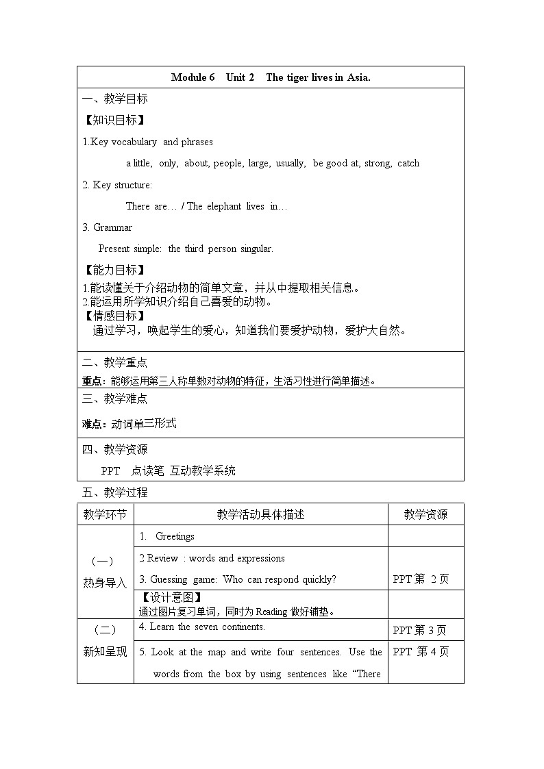 外研版七上：Module 6 Unit 2 The tiger lives in Asia. 教学设计01