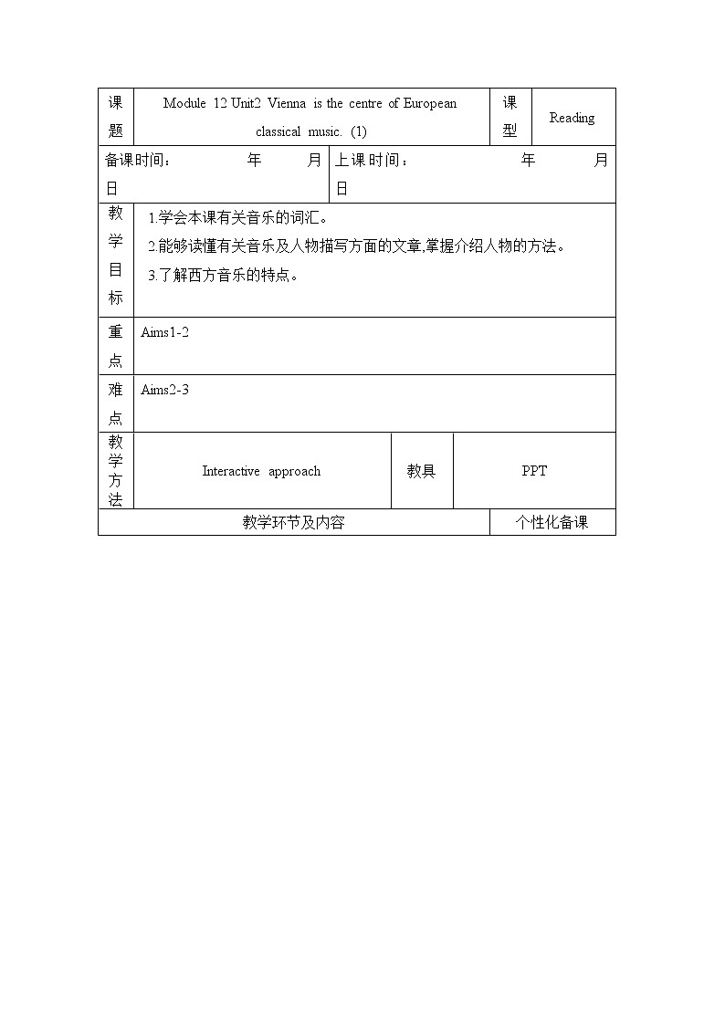 2021-2022学年外研版七年级下册英语Module 12   Unit 2  Vienna is the centre of European classical music. （1）教案第1页