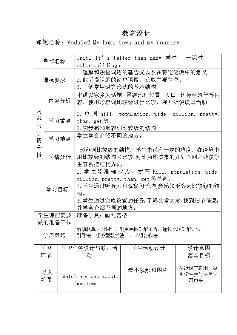 Module 2 Unit 1 It 's taller than many other buildings.教学设计（表格式）第1页