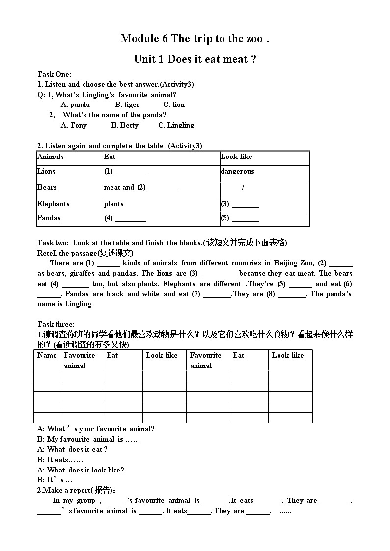 初中英语外研版七年级英语上册Module 6 A trip to the zoo Unit 1 Does it eat meat_优质课比赛课堂练习（无答案）第1页