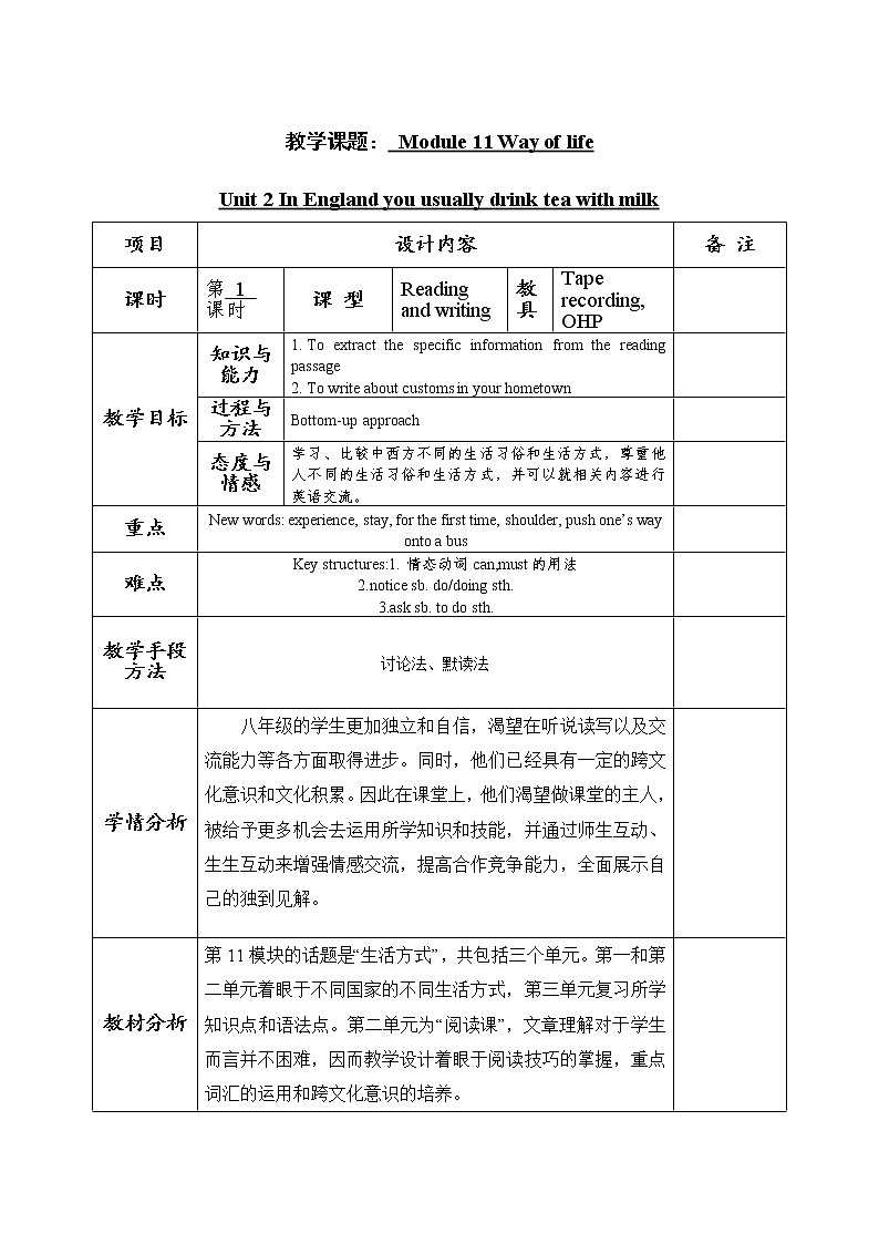 外研版八上：Module 11 unit2 In Englandyou usually drink tea with milk.教案01