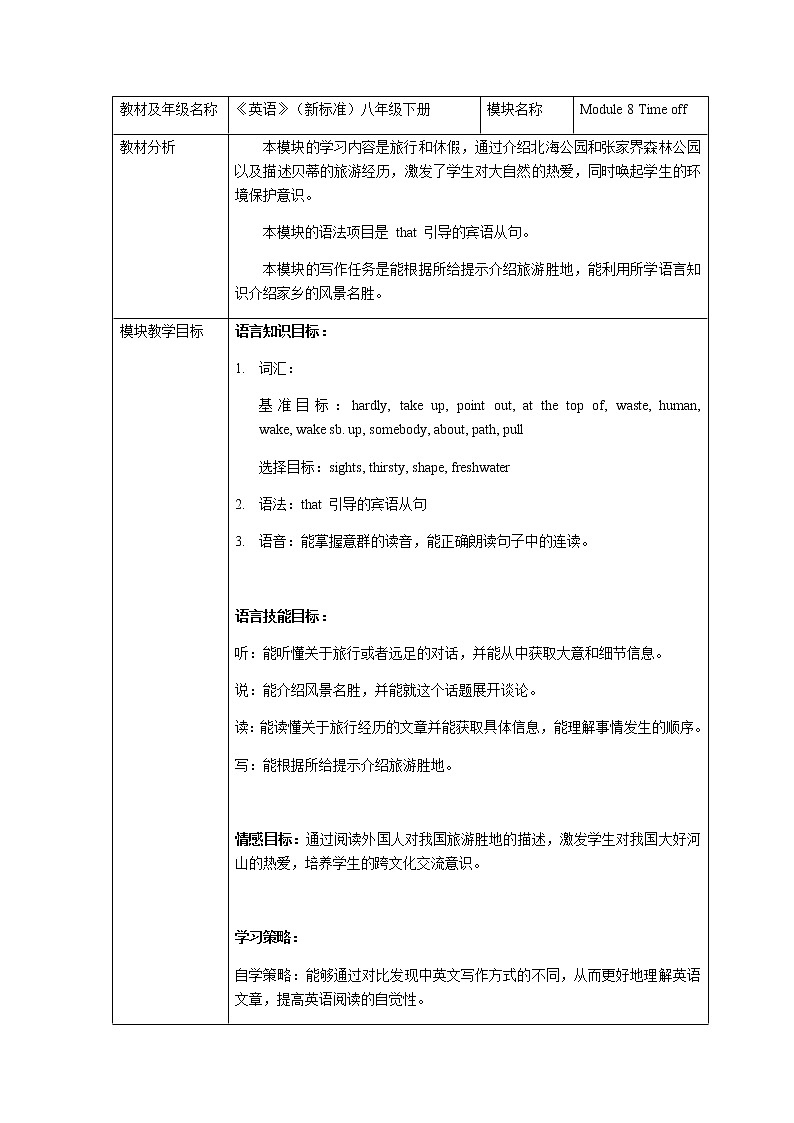 Module 8 Time off  Unit1  I can hardly believe we are in the city centre 表格式教案01