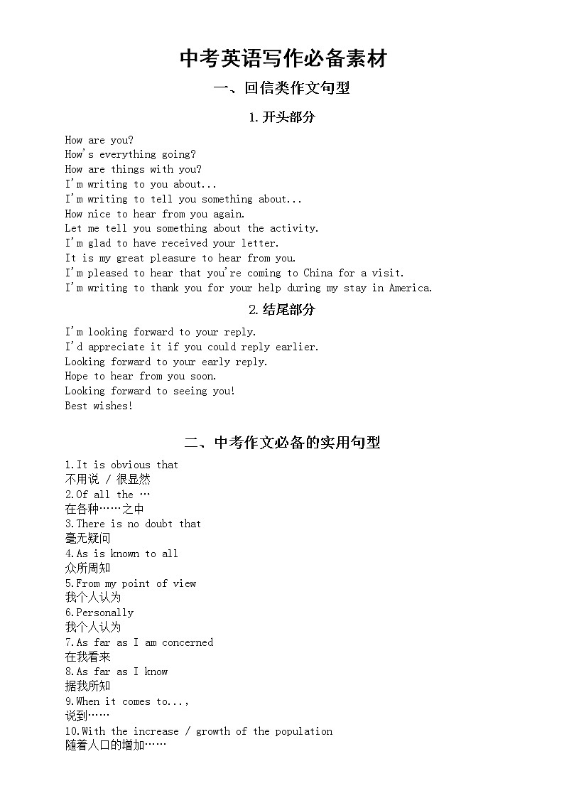 初中英语中考写作必备素材（实用句型和必备谚语）第1页