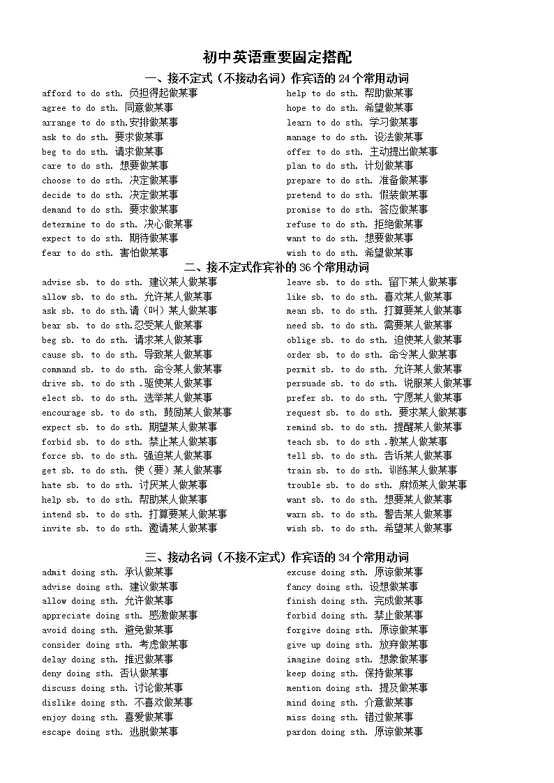初中英语重要固定搭配汇总（共十三大类）第1页