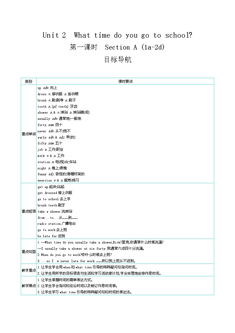 人教版七年级英语下册教案 Unit 2 第一课时　Section A (1a-2d)第1页