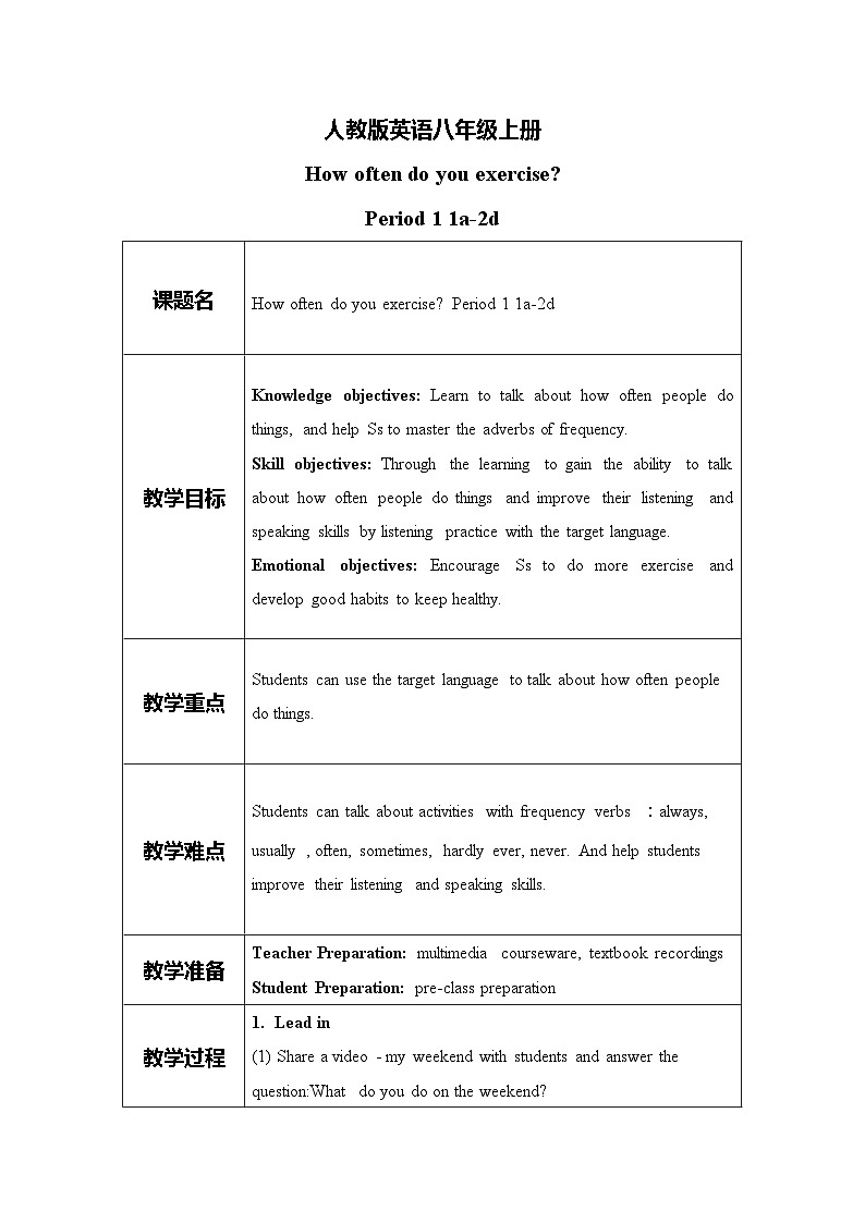 Unit2  How often do you exercise？ SectionA 1a-2d 课件+教案+练习01